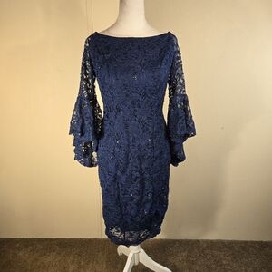 VENUS Off Shoulder Dress Bell Sleeve Blue Lace / Slip Sz 8
